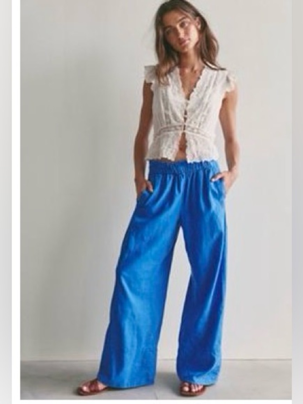 Free People Days End Hawaiian Blue Linen Cotton Wide Leg Pants L